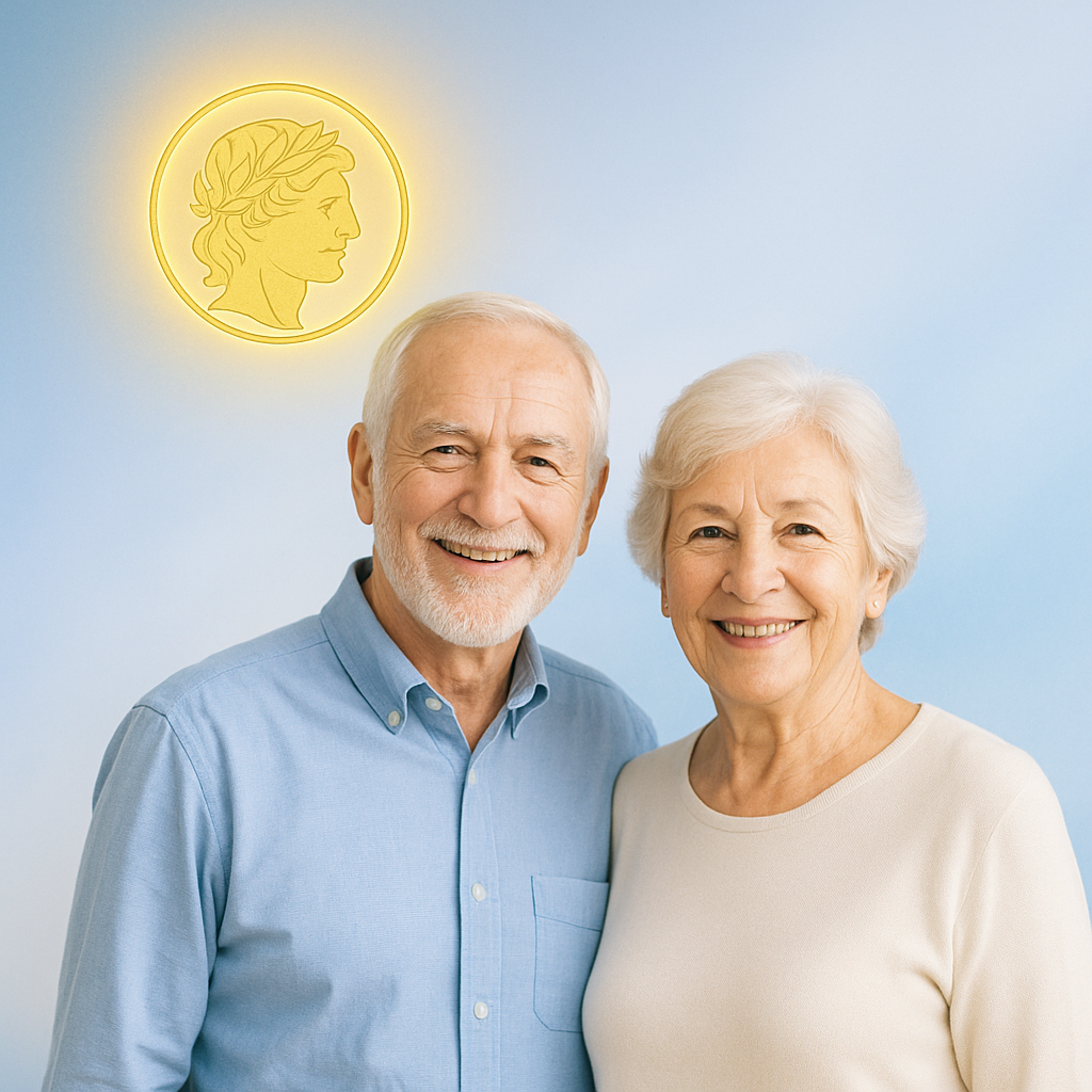 Smiling senior couple with Apollo Health emblem